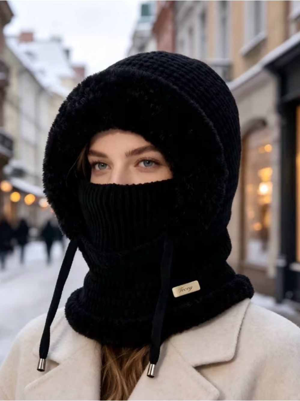 Black Faux Fur Lined Knit Hooded Balaclava